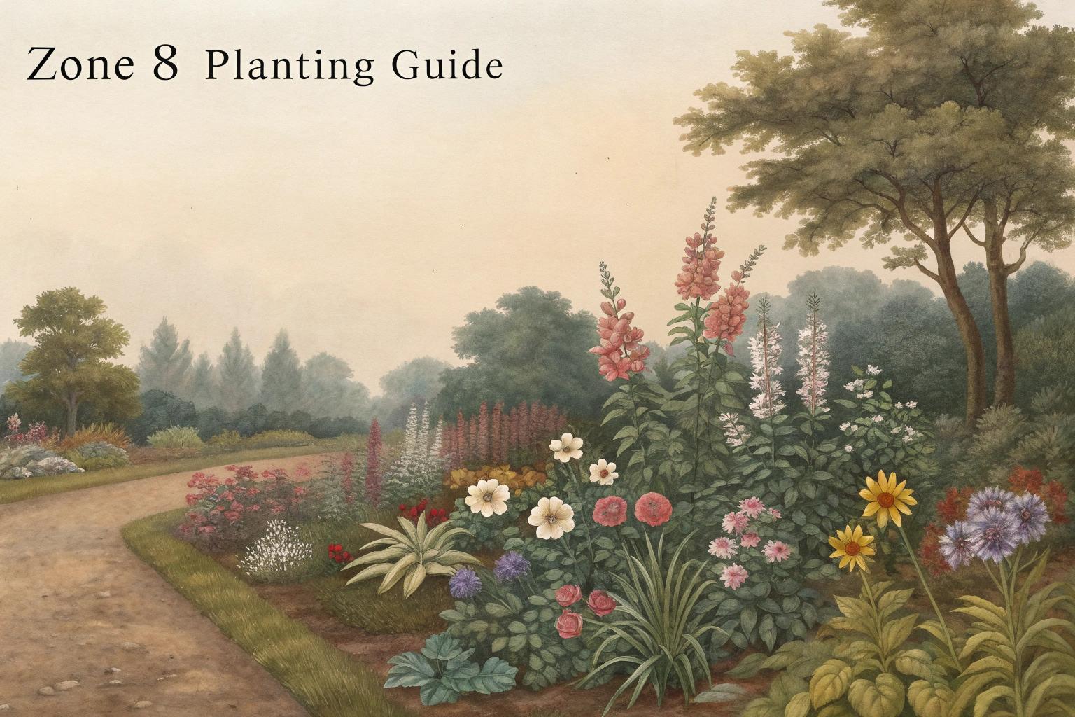 Zone 8 planting guide chart showing planting schedules and recommended plants.