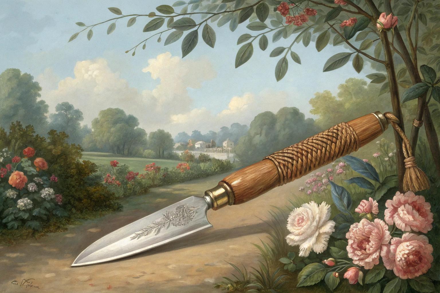 Garden knife placed in garden soil.