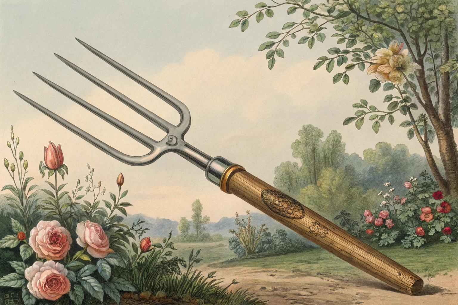 Garden fork standing upright in garden soil.
