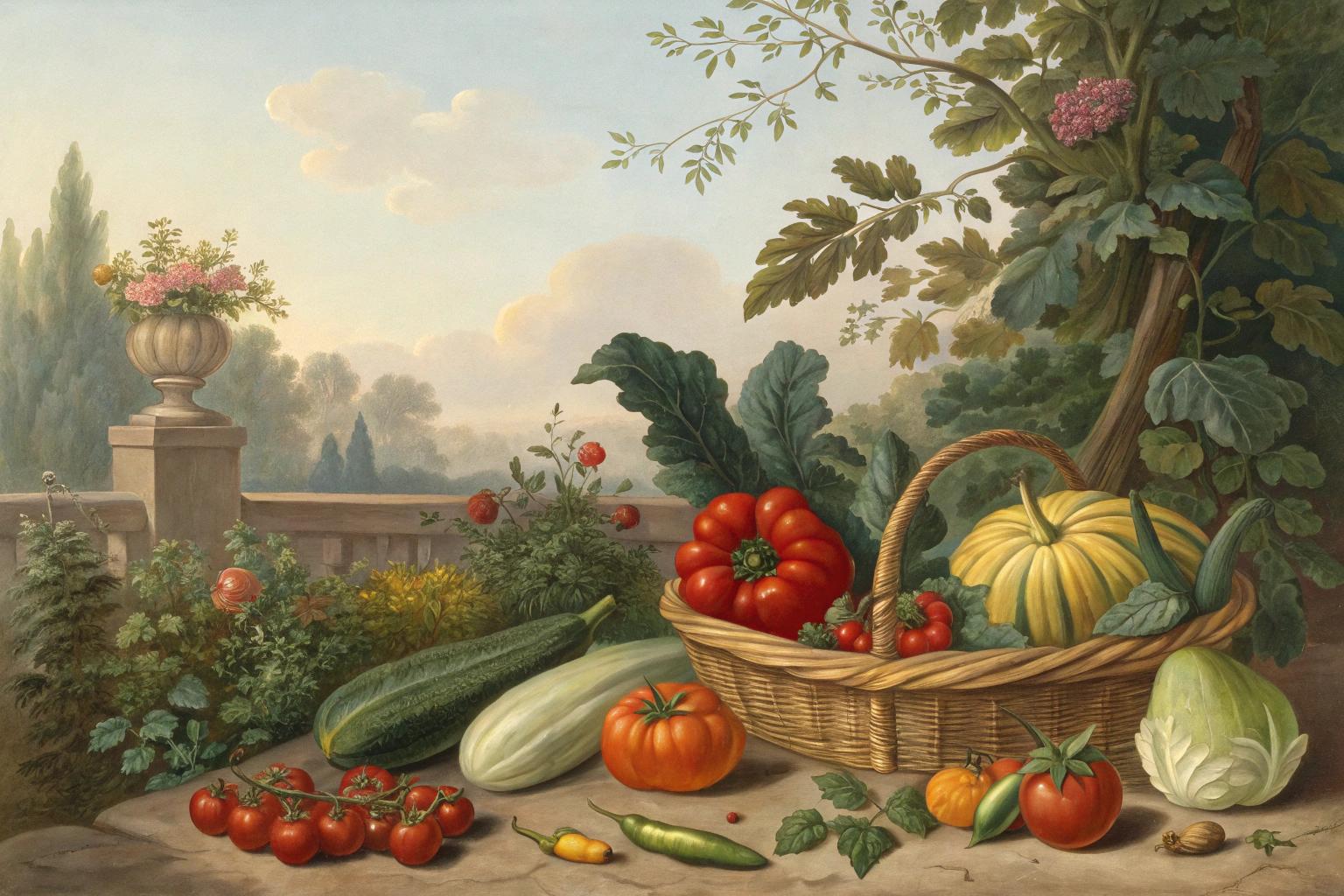 Assorted fresh vegetables thriving in bright sunlight.