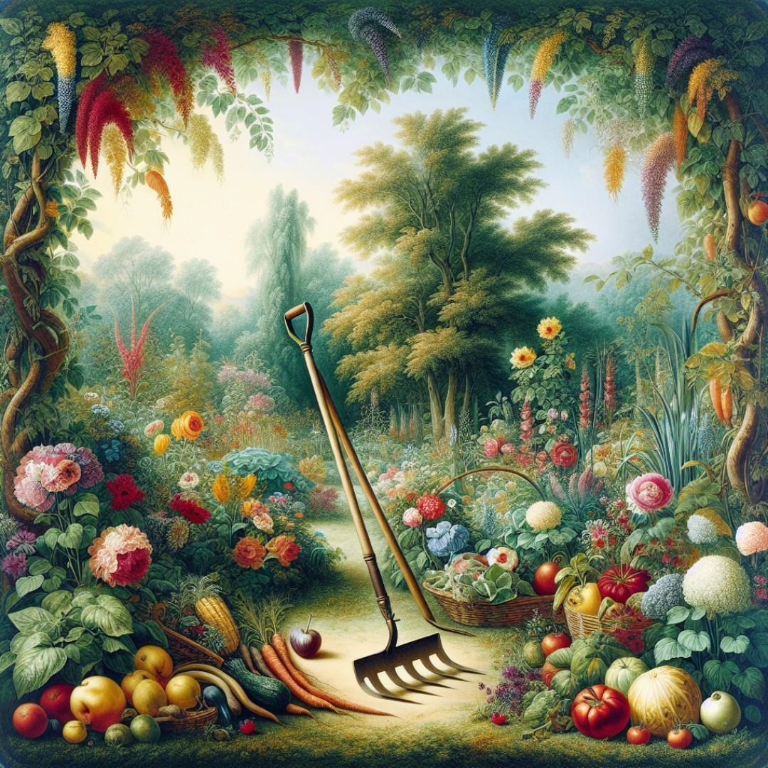 Garden hoe resting on soil in a garden.