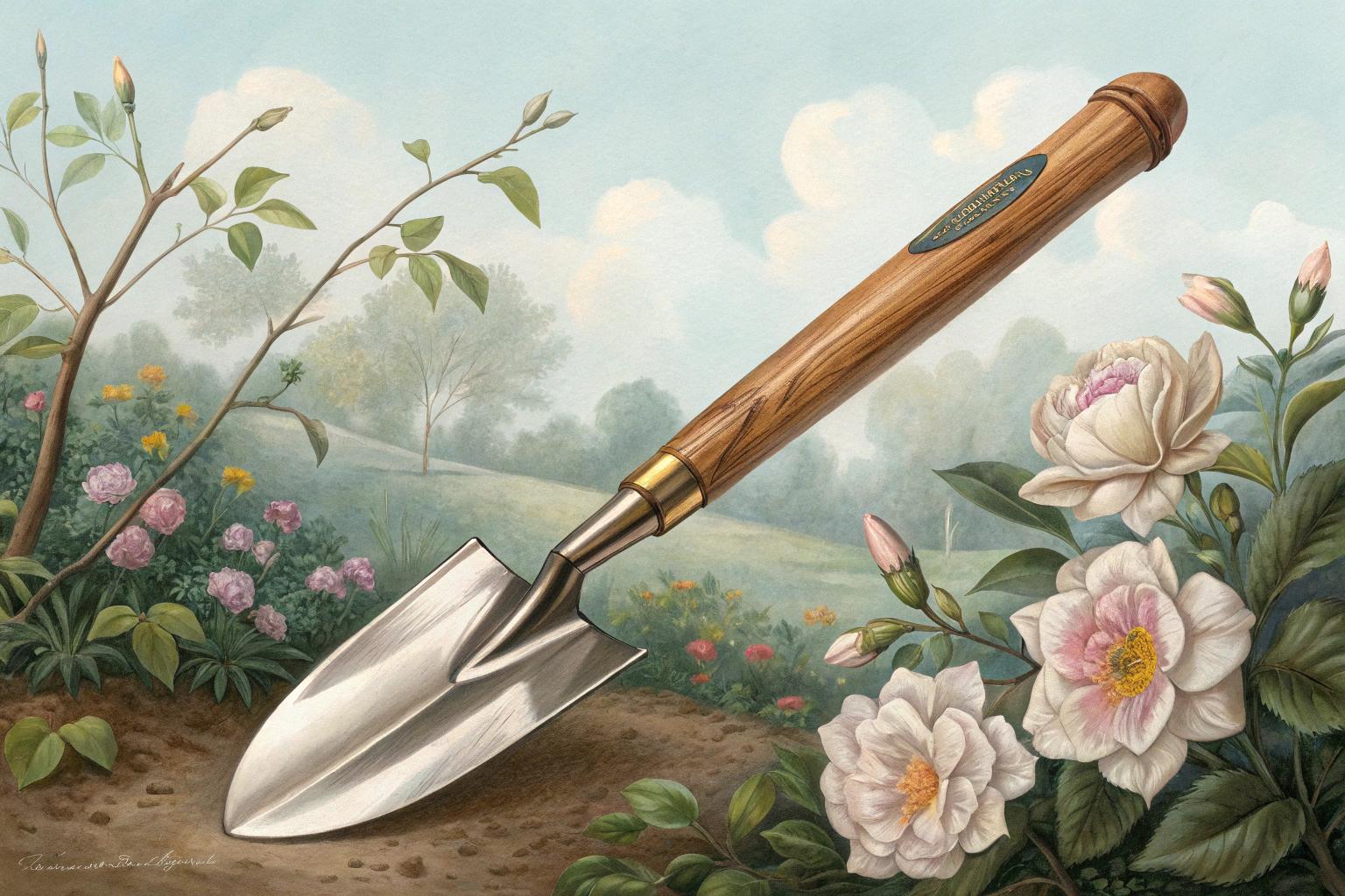 A garden spade standing upright in soil.