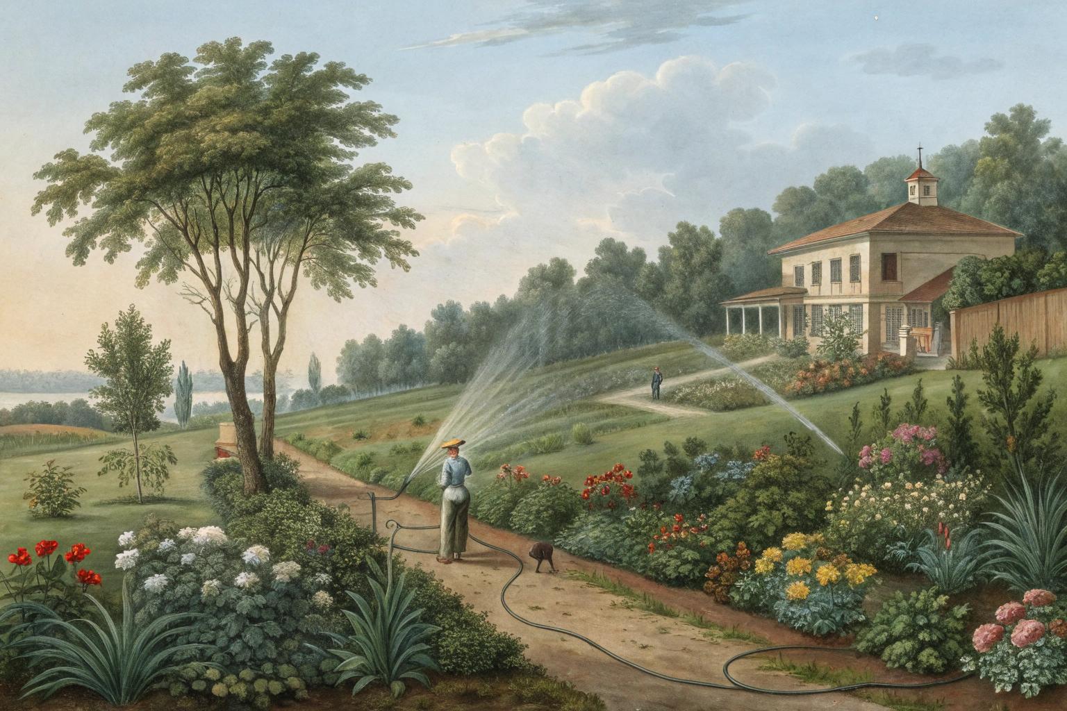 A garden with plants being watered by drip irrigation tubes connected to a smart irrigation controller.
