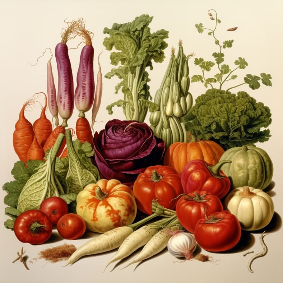 Assorted sweet vegetables like carrots, sweet potatoes, and bell peppers.