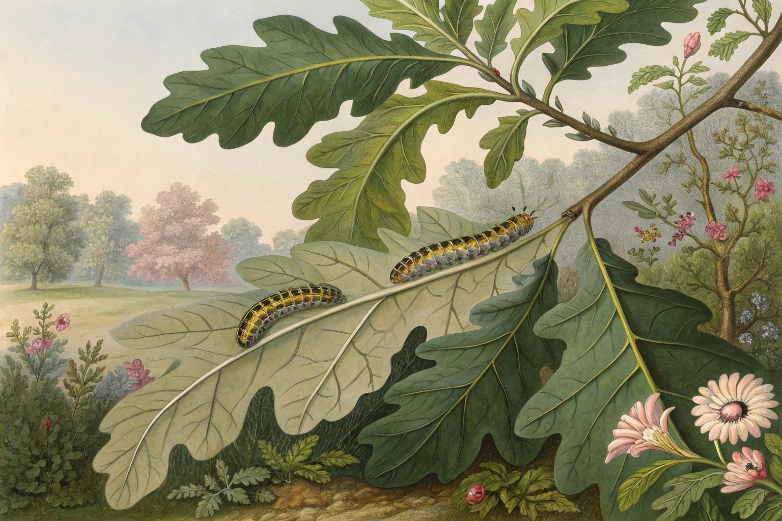 Green caterpillars curled inside rolled-up leaves attached to a plant stem.